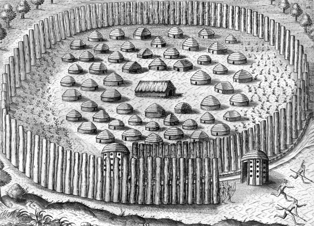 Timucua indiánok faluja alkotó: Theodor de Bry