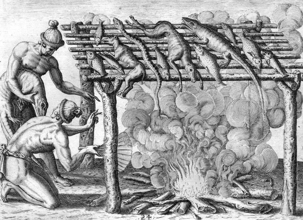 Timucuan indiánok ételszárítás alkotó: Theodor de Bry