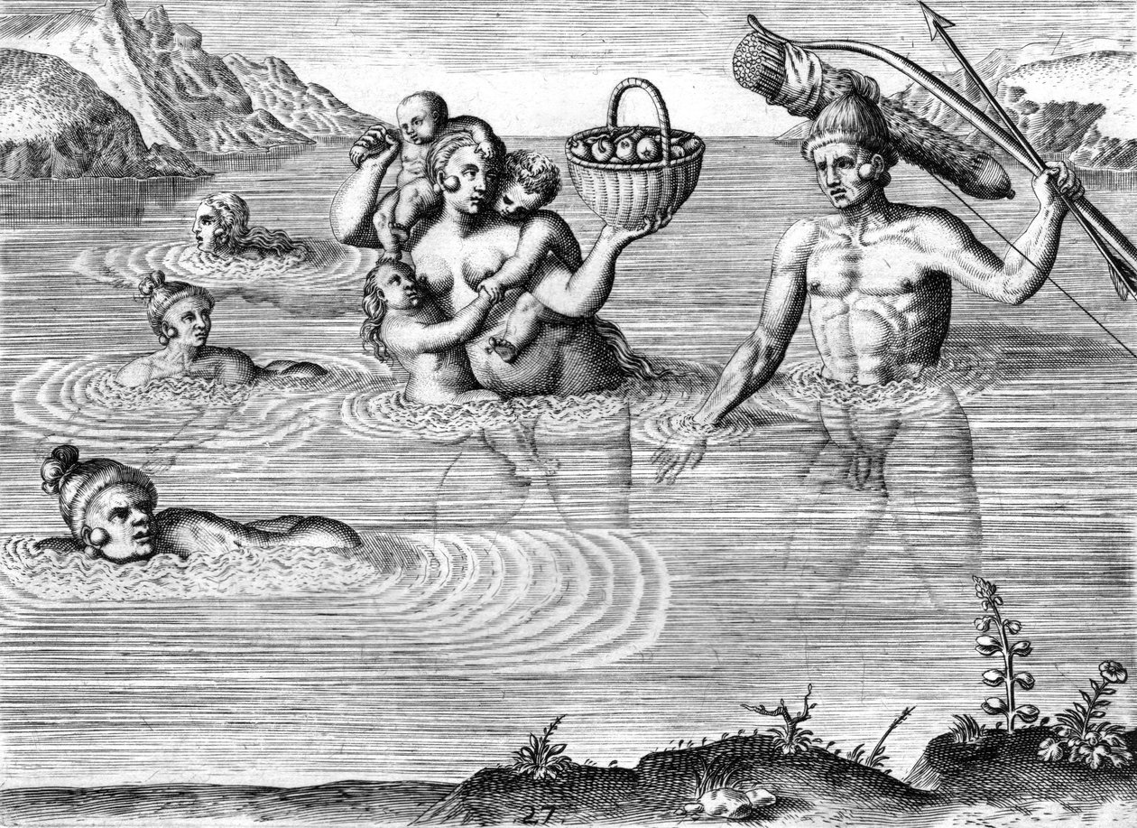 Timucuan indián család átkelés a folyón alkotó: Theodor de Bry