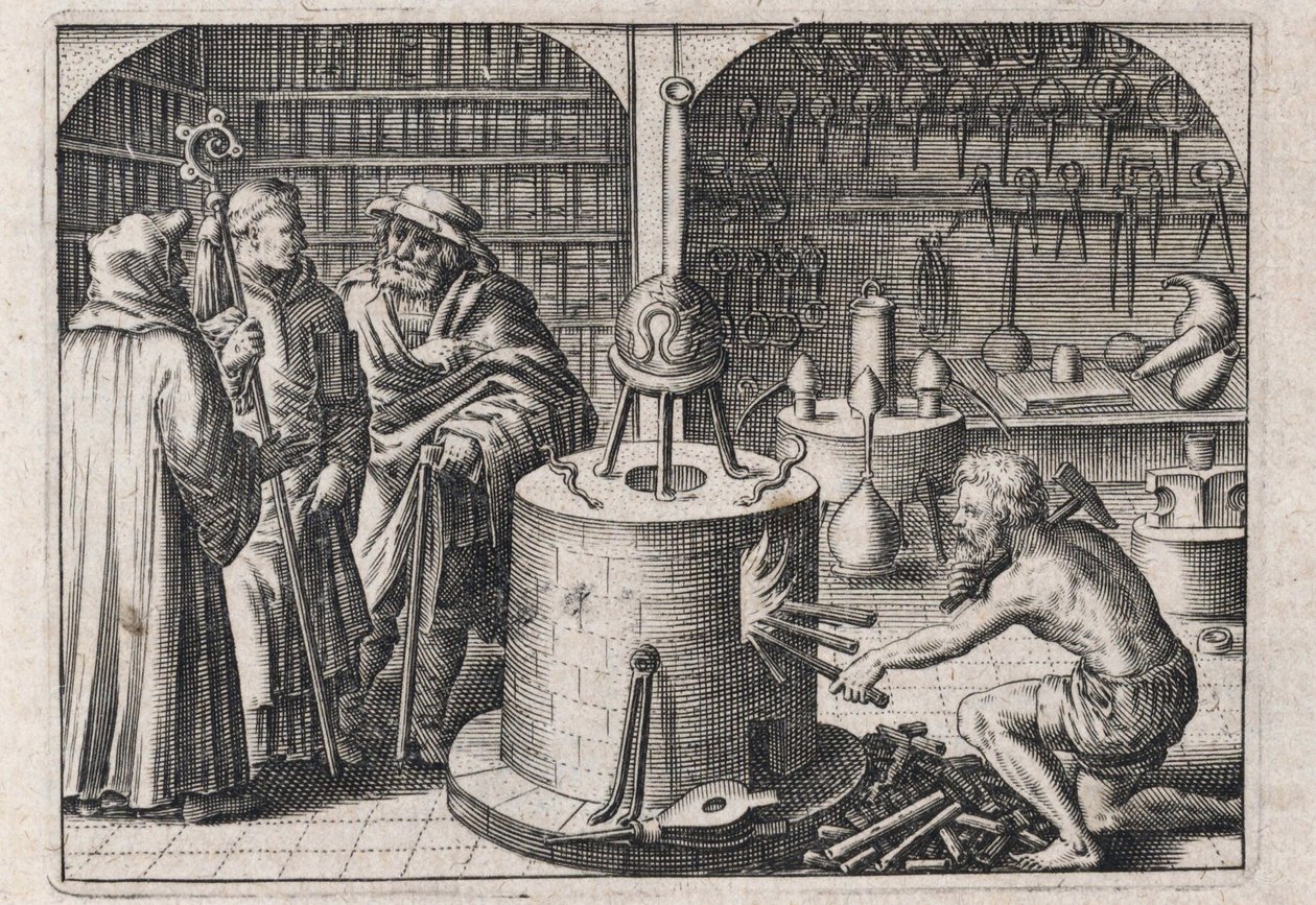 Három tudós beszélget az alkímia műhelyben, sütővel és műszerekkel – Theodore de Bry (1528-1598) metszetei Michael Maier (1569-1622) "Tripus avreus, hoc est, Tres tractatus chymici selectissimi" című alkímiai értekezéséhez alkotó: Theodor de Bry