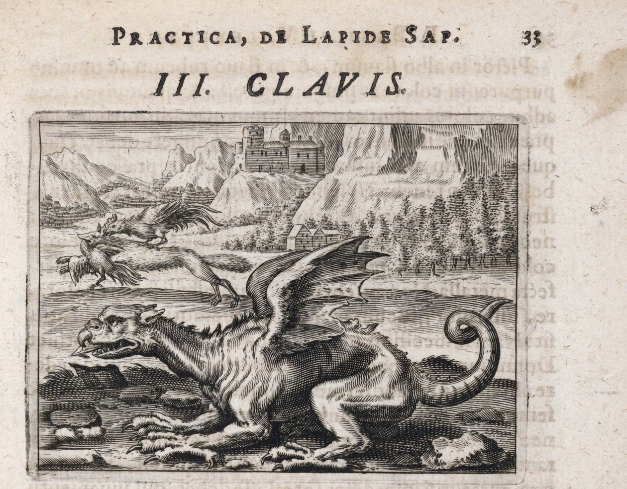 Egy sárkány, a háttérben, egy tyúklopó farkas, megtámadta egy kakas – Theodore de Bry (1528-1598) metszet a "Tripus avreus, hoc est, Tres tractatus chymici selectissimi" című alkímiai értekezéshez, Michael Maier (1569-1622) alkotó: Theodor de Bry