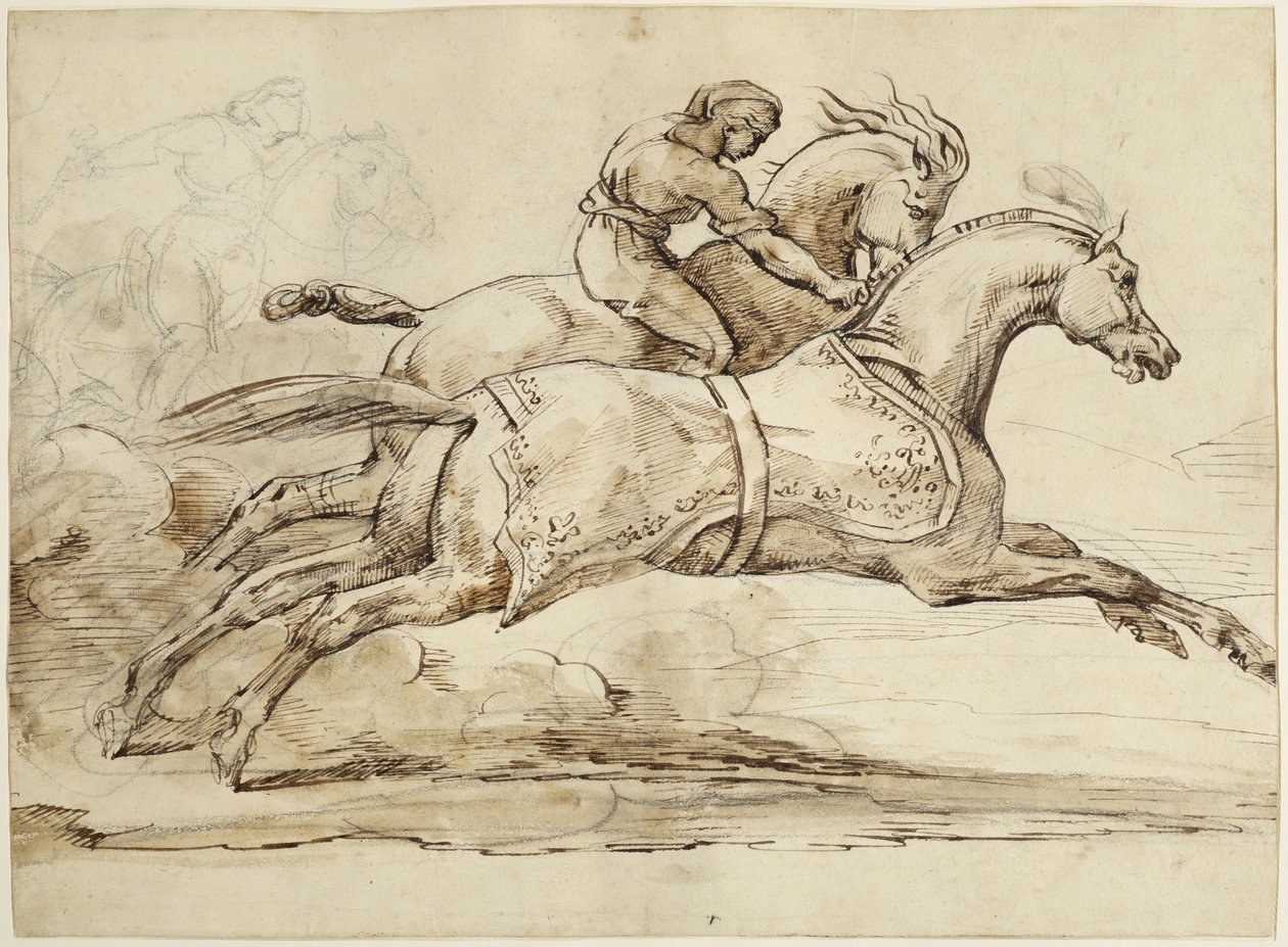 Jelenet a Barberi lovak versenyéből (barna tinta és grafit papírzsebkendővel bélelt papíron) alkotó: Theodore Gericault