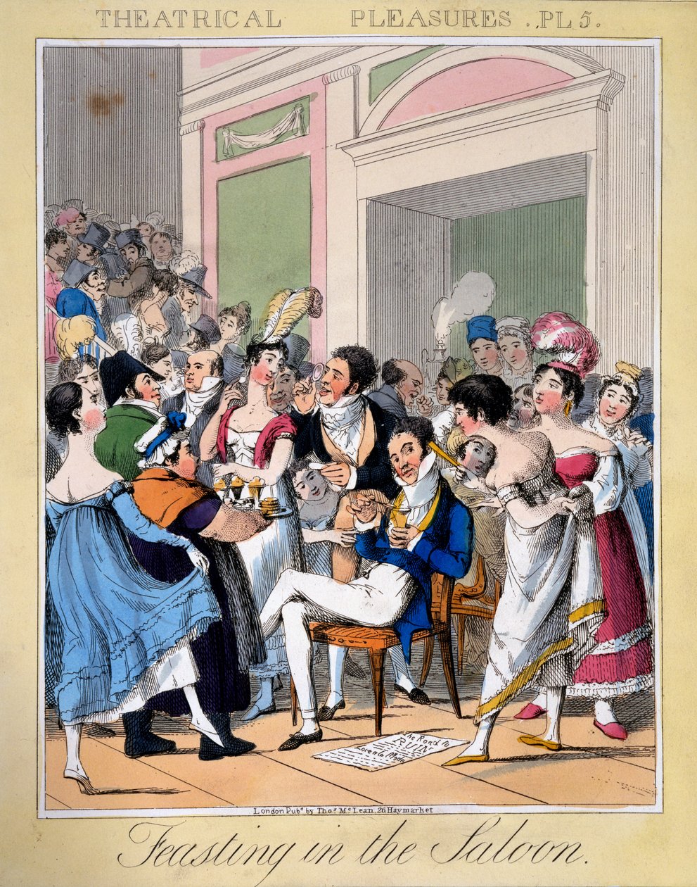 Lakoma a szalonban, 5. tábla a "Színházi élvezetek"-ből, 1827 (kézzel színezett metszet) alkotó: Theodore Lane