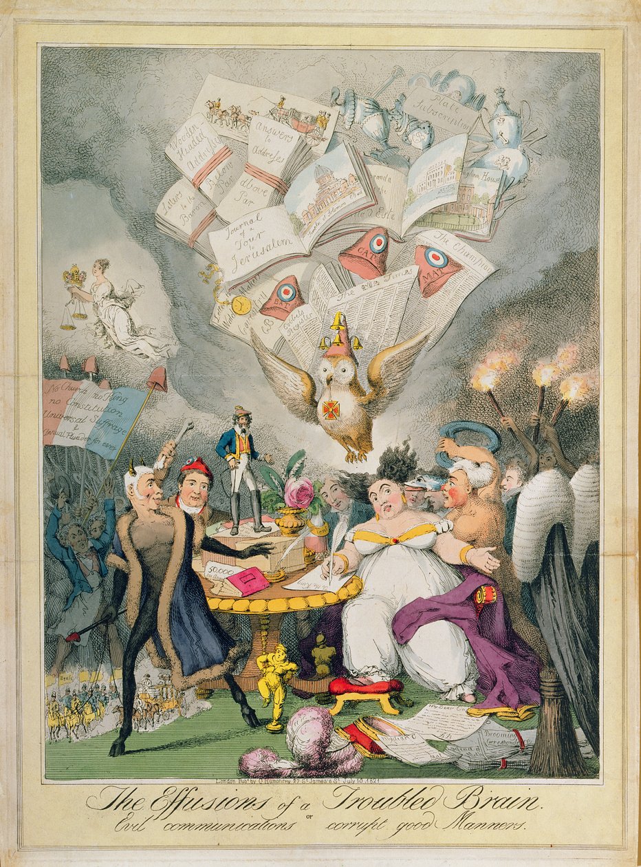 Egy zavart agy váladékai, avagy a rossz közlések megrontják a jó modort, kiadta G. Humphrey, 1821 (színes metszet). alkotó: Theodore Lane