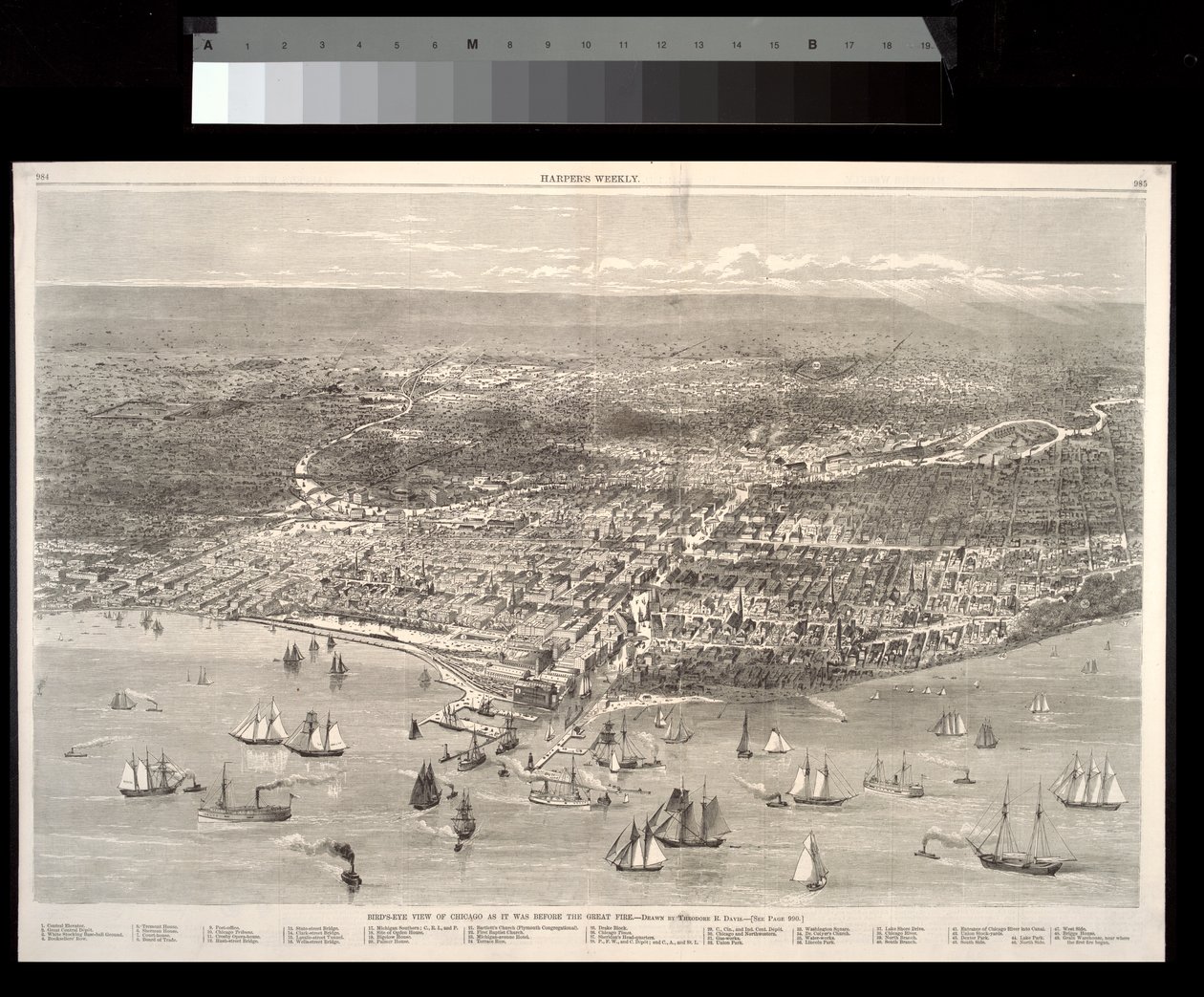 Chicagó madártávlati képe, ahogy az 1871-es nagy tűzvész előtt volt alkotó: Theodore Russell Davis