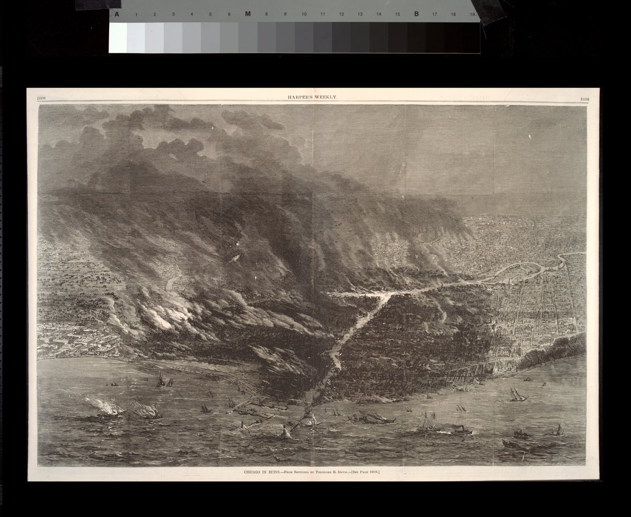 Chicago a romokban, illusztráció a Harpers Weeklyből, 1871 alkotó: Theodore Russell Davis