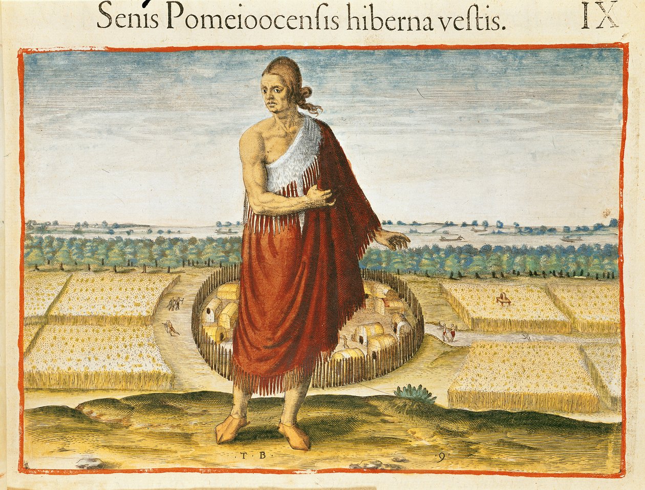 Pomeiooc Elder téli ruhában, az „Admiranda Narratio”-ból, kiadó: Theodore de Bry alkotó: Theodore de Bry