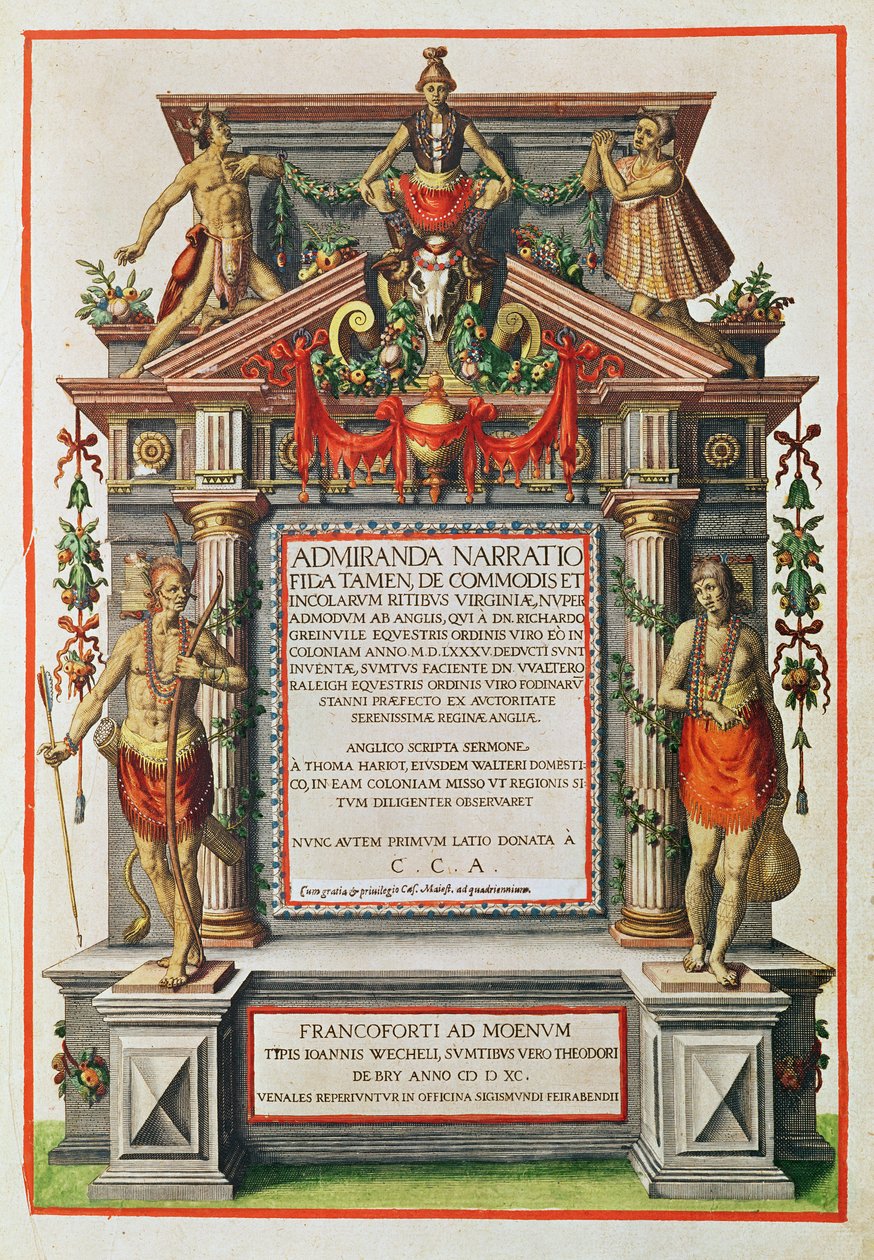 Admiranta Narratio.... Elülső rész (1. oldal), 1585-1588 (színes metszet) alkotó: Theodore de Bry