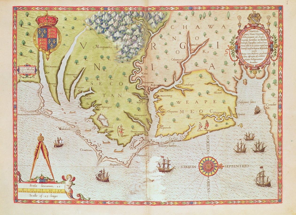 Admiranta Narratio... Virginia térképe (44-45. oldal), 1585-1588 (színes metszet_) alkotó: Theodore de Bry