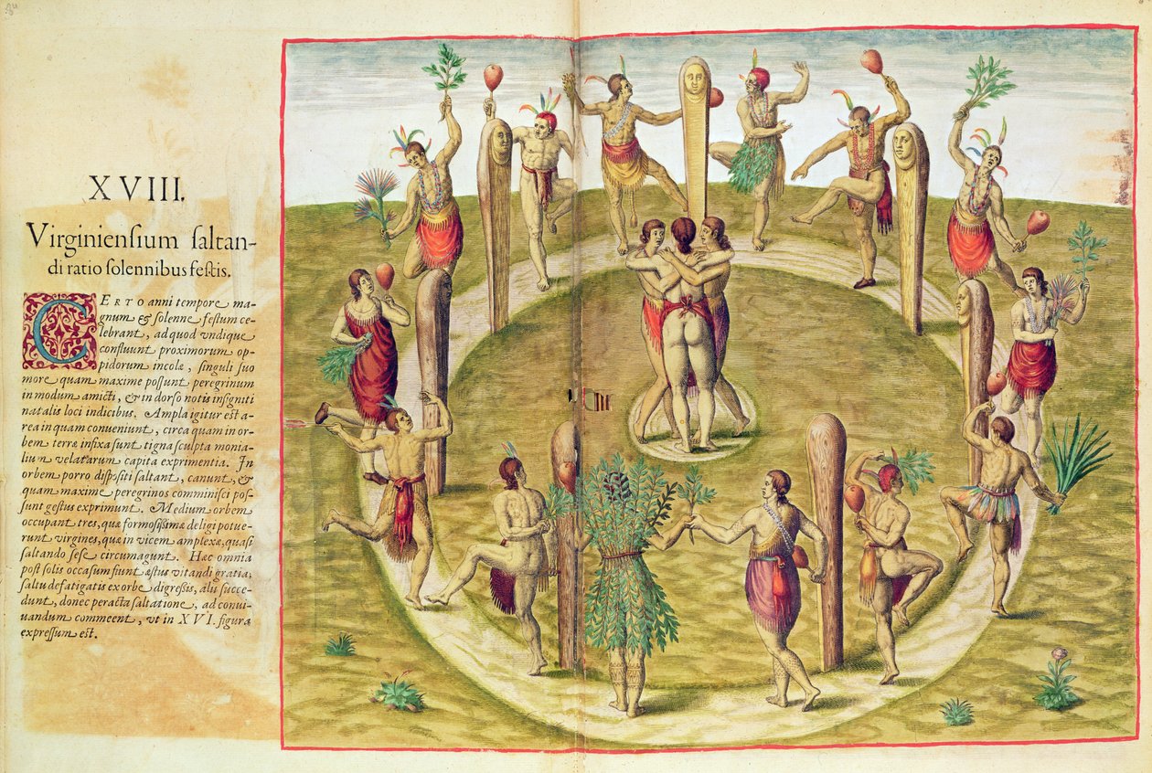 Admiranta Narratio, The Virginian Ritual Dance of Friendship (85. oldal), 1585-88 (színes metszet) alkotó: Theodore de Bry