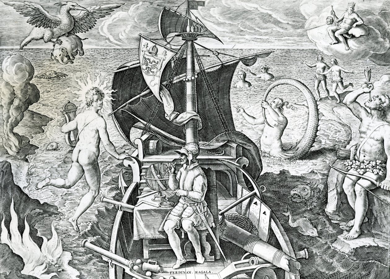 Allegória Ferdinand Magellán (1480-1521) utazásairól, írta Theodor de Bry (1528-1598), 16. század. alkotó: Theodore de Bry