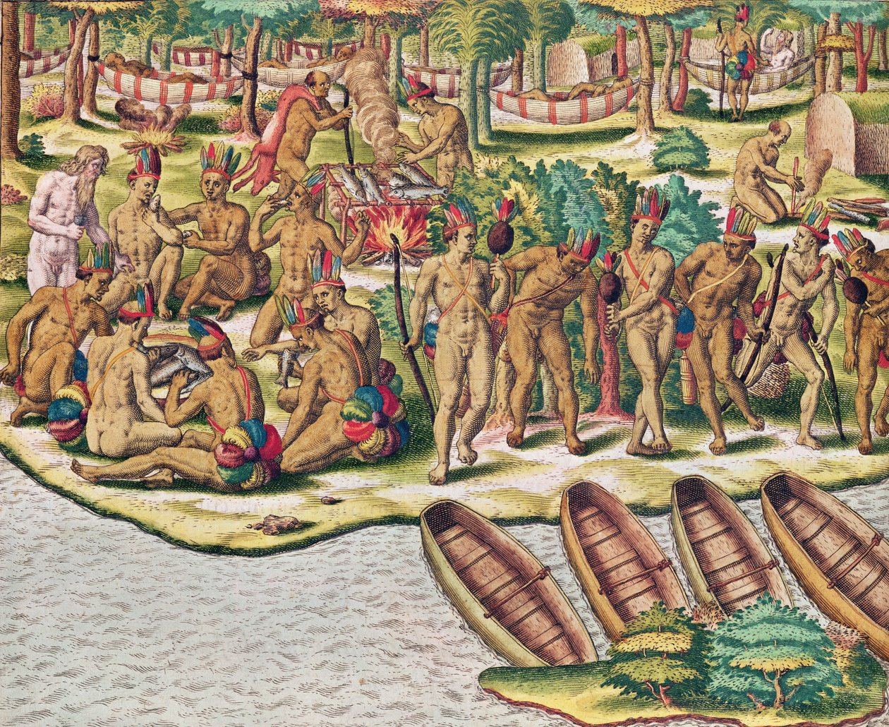 Americae Tertia Pars, Tanácskozás az ellenségek elleni expedíció előtt (432. oldal), 1563 (színes metszet) alkotó: Theodore de Bry