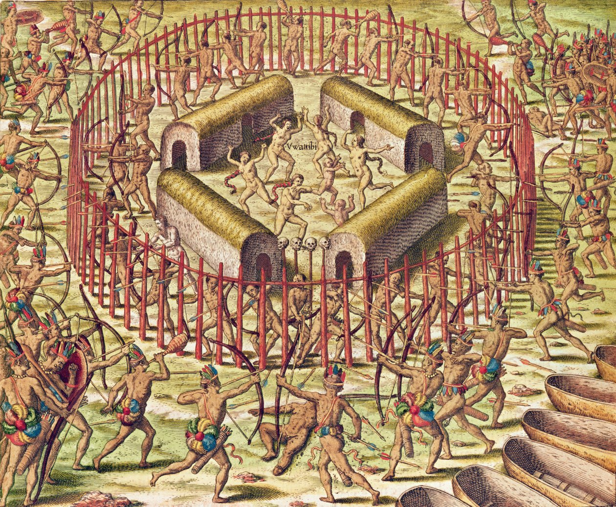 „Americae Tertia Pars”, a Tuppinjkinsij falu attaclja (364. oldal), 1562 (színes metszet) alkotó: Theodore de Bry