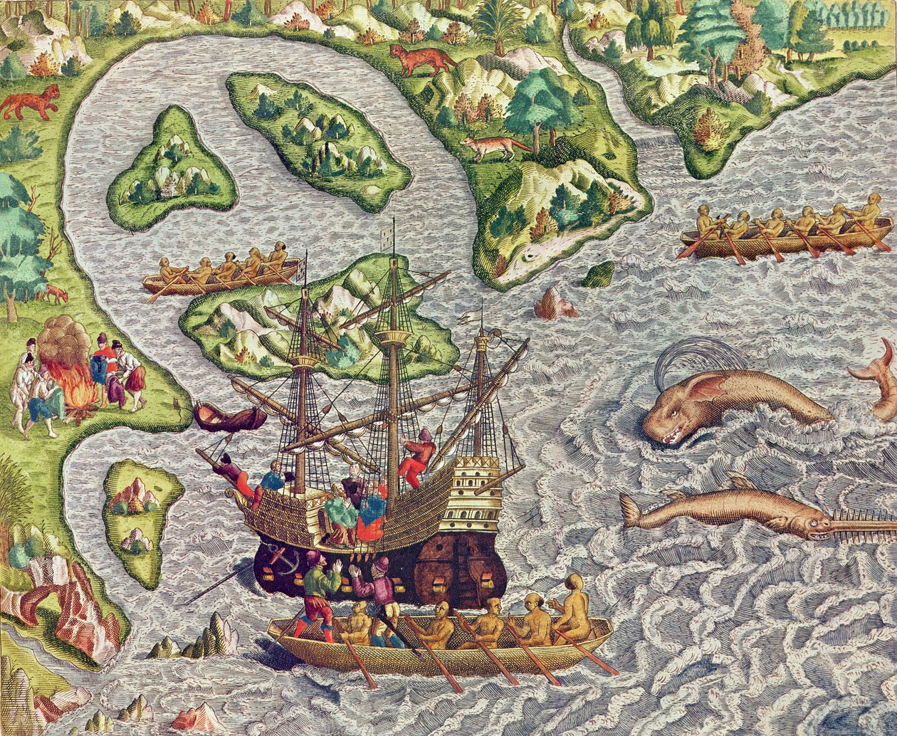 Americae Tertia Pars, felszállás hajónkra barbár csónak segítségével, barbár csónakja segítségével (333. oldal), 1562 (színes metszet) alkotó: Theodore de Bry