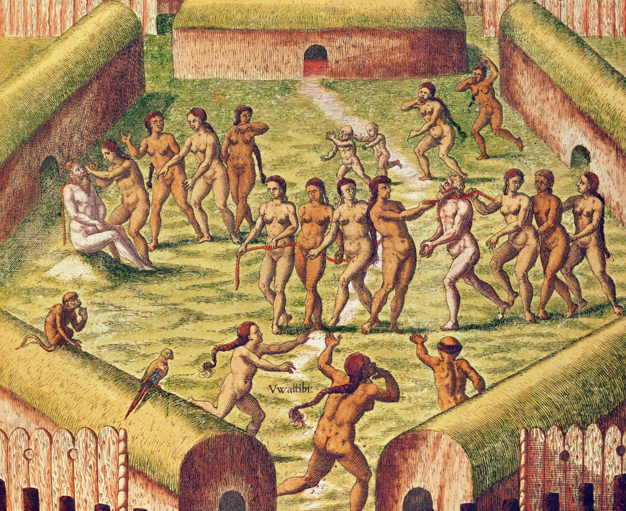 Americae Tertia Pars, a fogoly a bennszülött indián falu közepén (353. oldal), 1562 (színes metszet) alkotó: Theodore de Bry