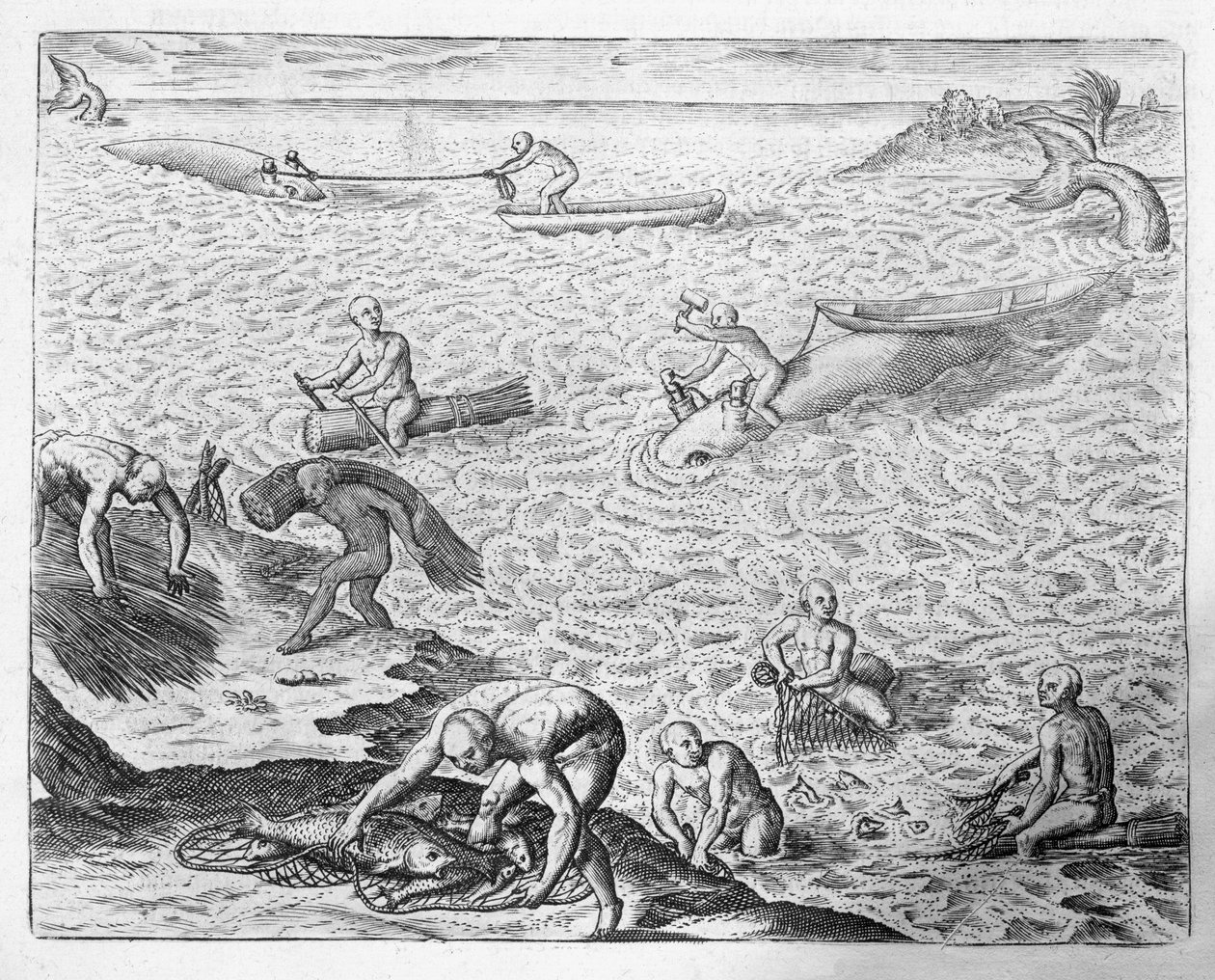 Amerikai indián bálnavadászat módszere, Jose de Acosta beszámolója alapján, Johann Ludwig Gottfried „Newe Welt und Americanische Historien” című művéből, Mattaeus Merian, Frankfurt, 1631 alkotó: Theodore de Bry