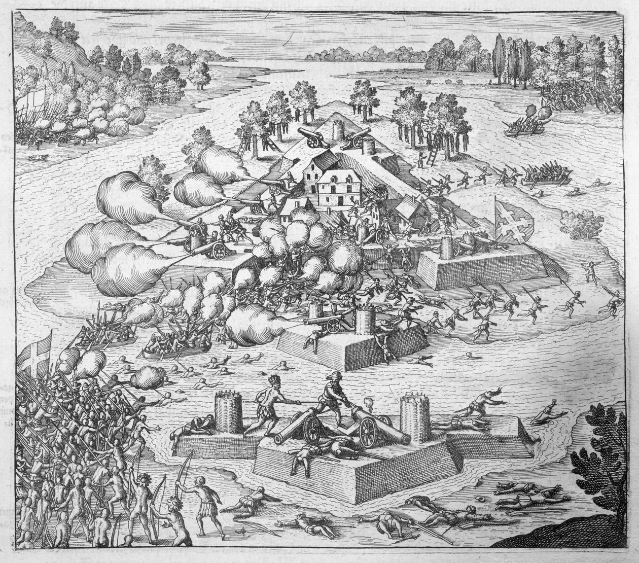 A francia protestáns telepesek megsemmisítése, Fort Charles, Florida, 1562, Johann Ludwig Gottfried „Newe Welt und Americanische Historien” című művéből, Mattaeus Merian, Frankfurt, 1631 (engl. alkotó: Theodore de Bry