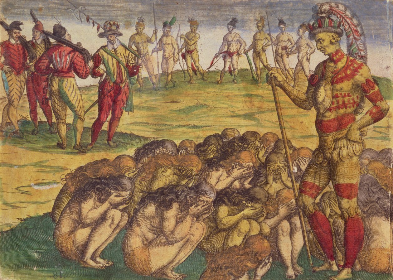Az aztékok elfogása a spanyol gyarmatosítók által, könyvillusztráció, 1550 körül alkotó: Theodore de Bry