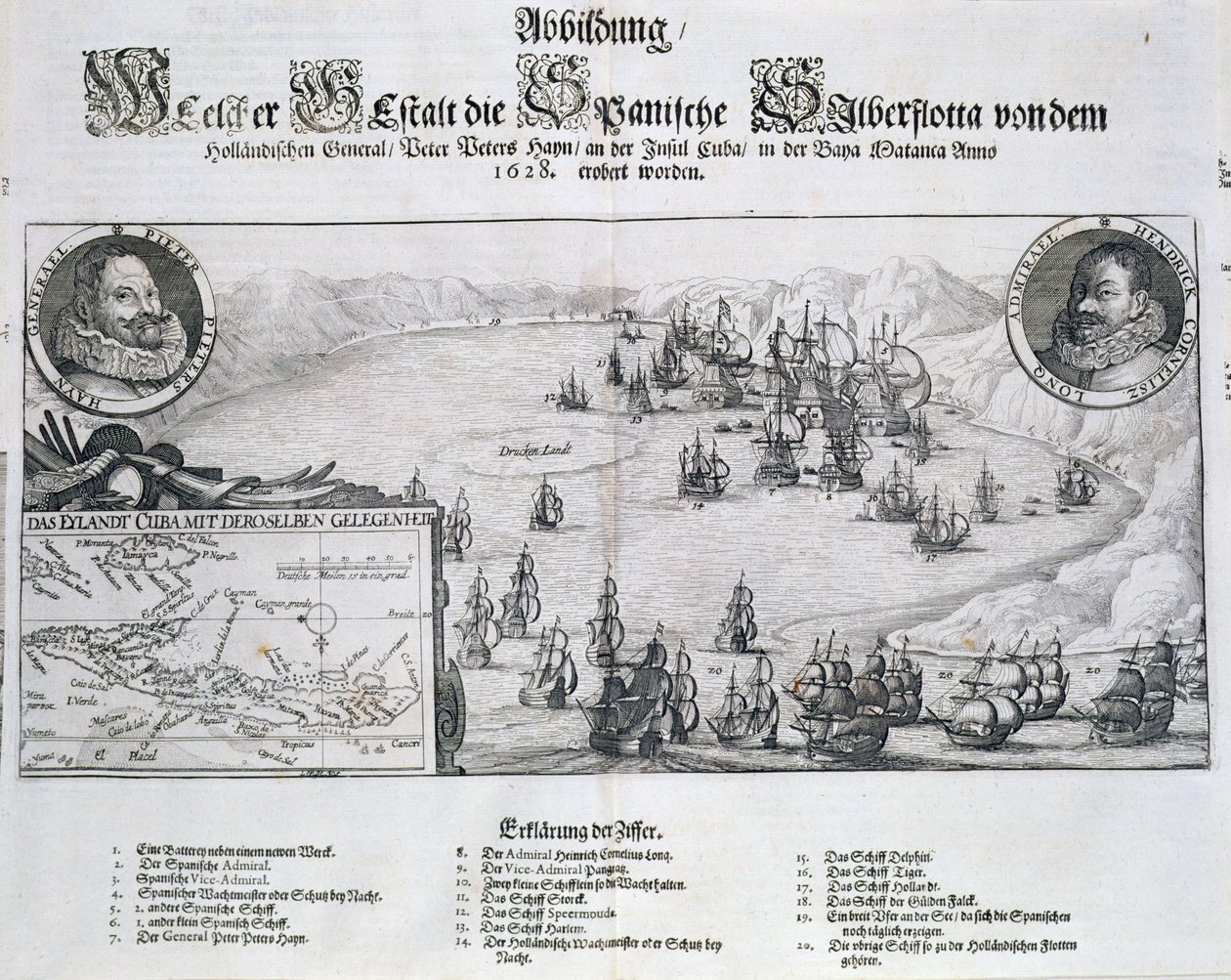 A spanyol flotta hollandok általi elfoglalása Piet Heyn admirális (1578-1629) vezetésével a kubai Matanzas mellett, 1628, Johann Ludwig Gottfried „Newe Welt und Americanische Historien” című művéből, Mattaeus M. alkotó: Theodore de Bry