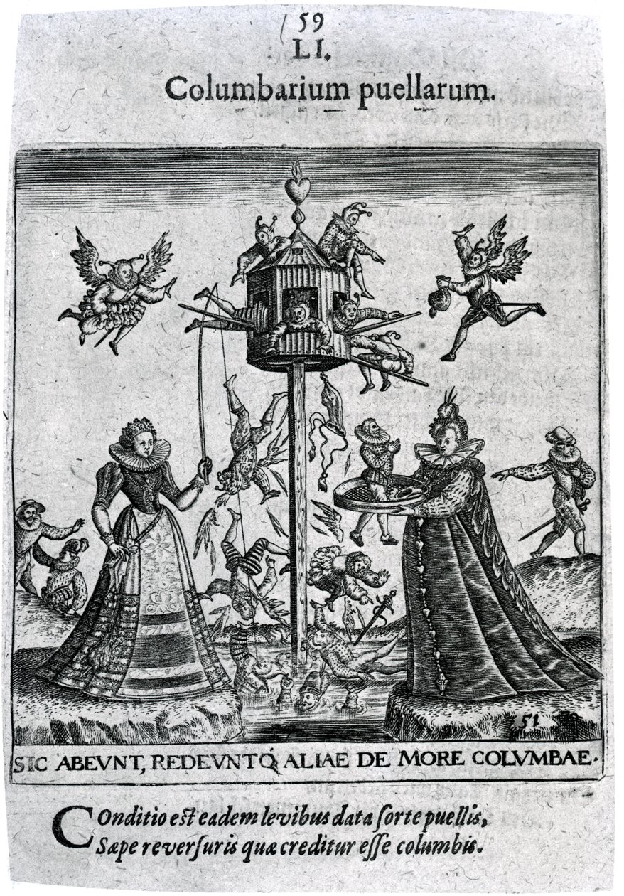 A szolgálólányok kolumbáriuma Theodore de Bry „Proscenium of Human Life” vagy „Secular Emblems” című művéből, 1627 alkotó: Theodore de Bry