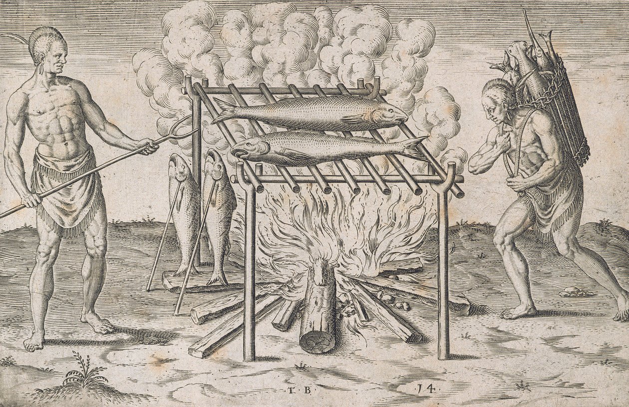 Cooking Fish, XIII. tábla, a Johann Wechel által 1600-ban kinyomtatott "Rövid és igaz jelentés Virginia új földjéről, a Grand Voyagesről" alkotó: Theodore de Bry