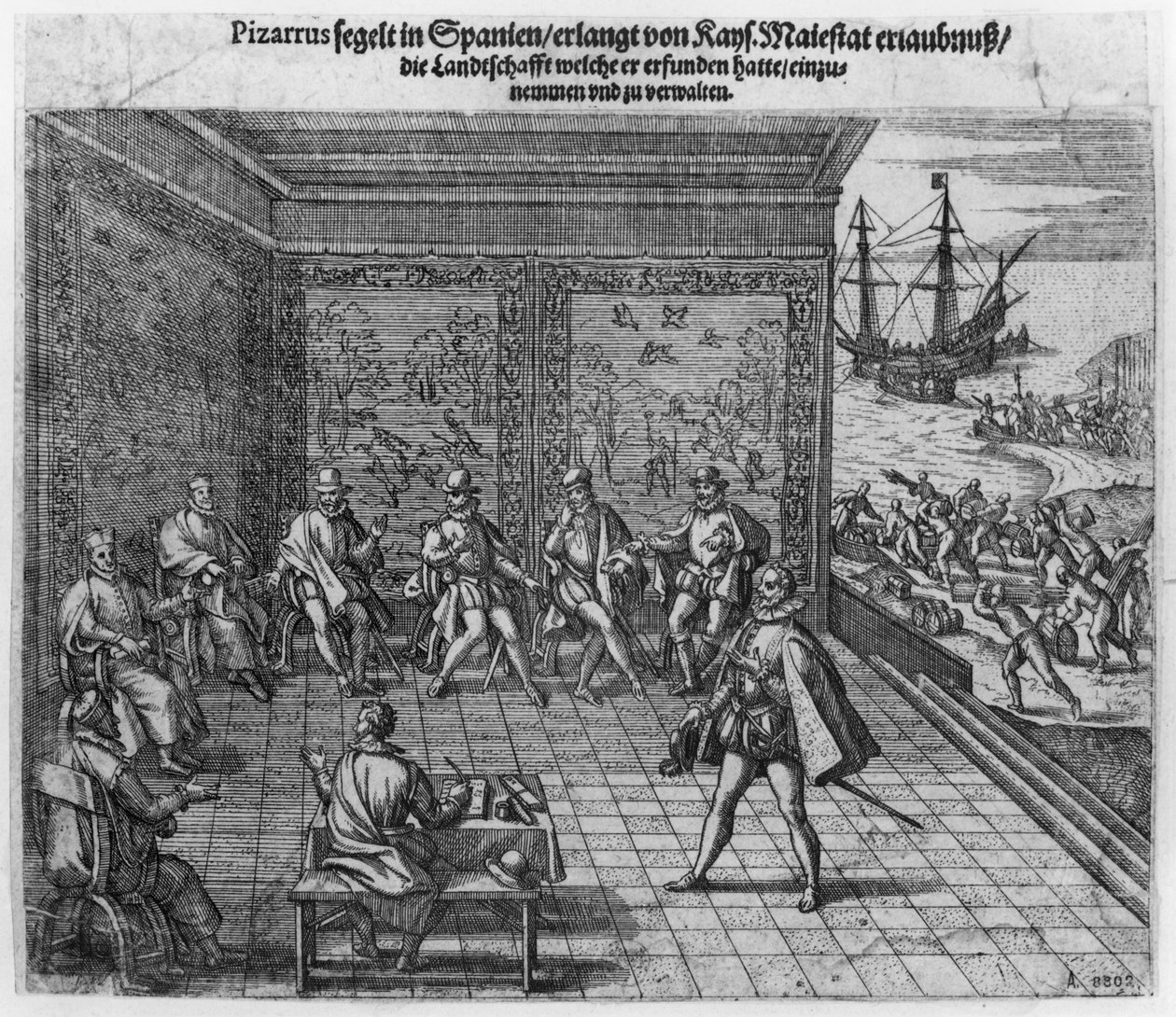 Francisco Pizarro a császári udvar támogatását kéri Peru kormányához alkotó: Theodore de Bry