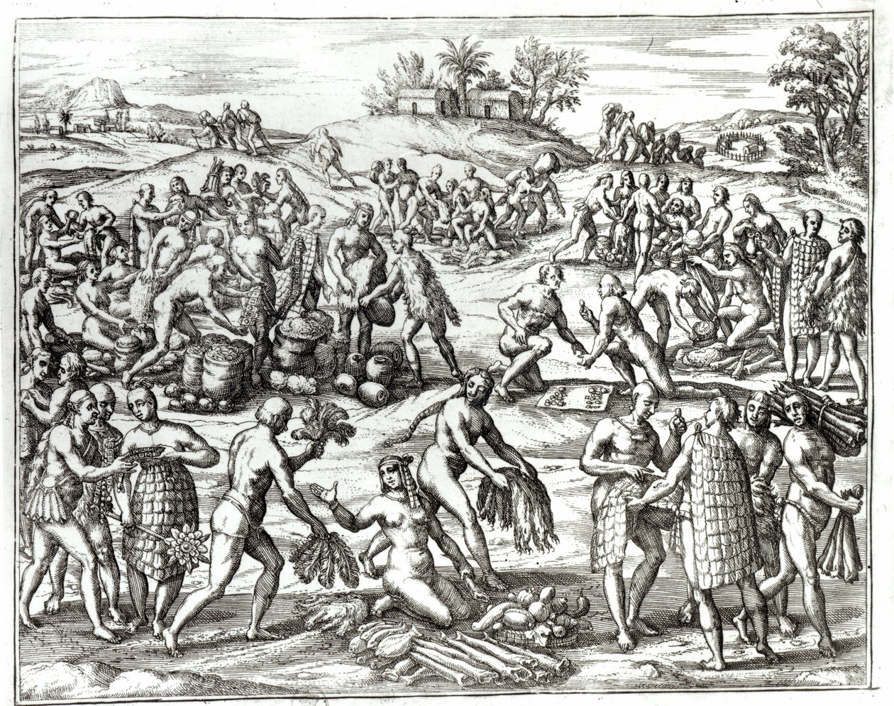Indiai piac Cartagenában, Kolumbiában, az „Americae Tertia Pars V” cégtől alkotó: Theodore de Bry