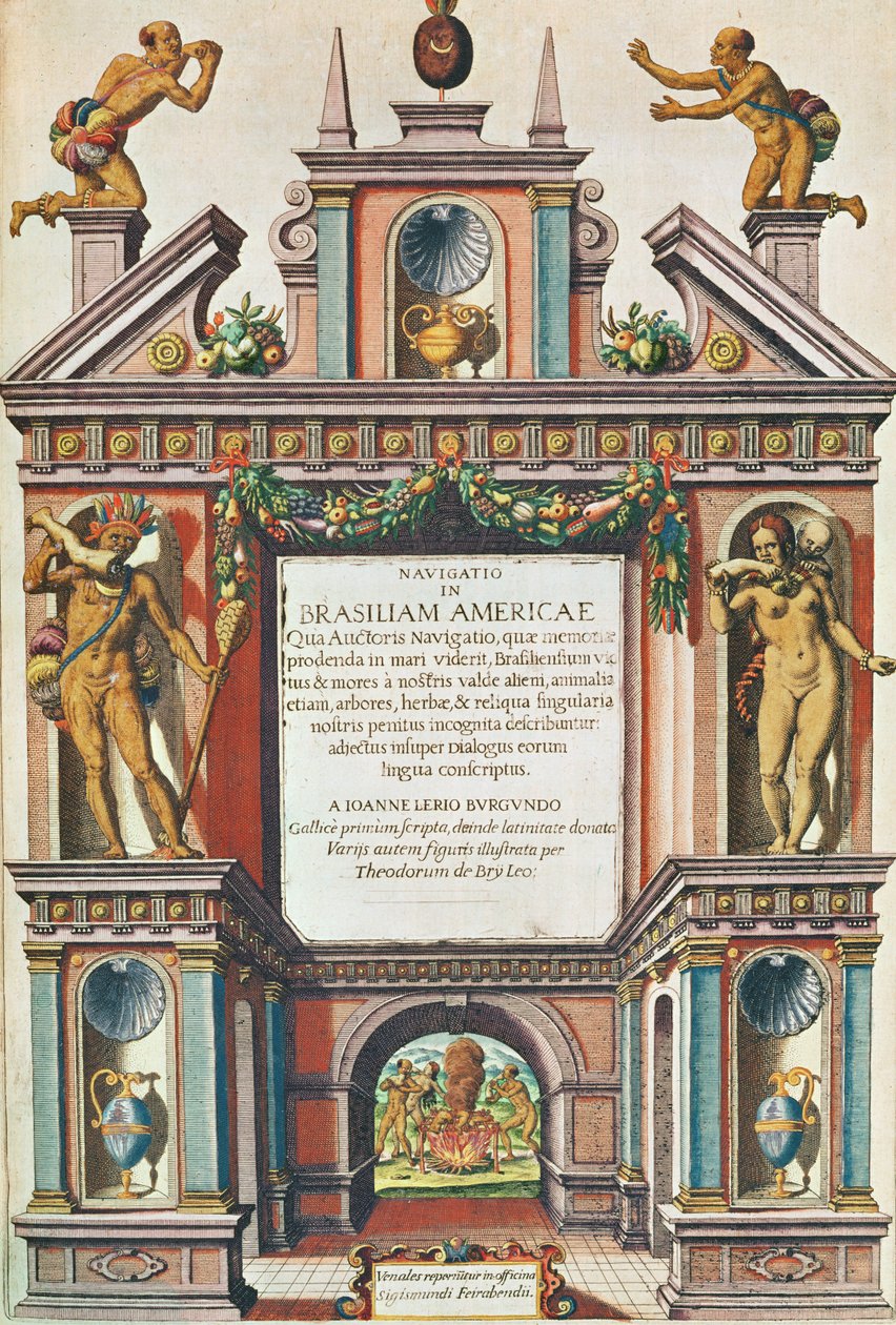 Navigáció brazil Amerikában. Elülső rész (447. oldal), 1563 (színes metszet) alkotó: Theodore de Bry