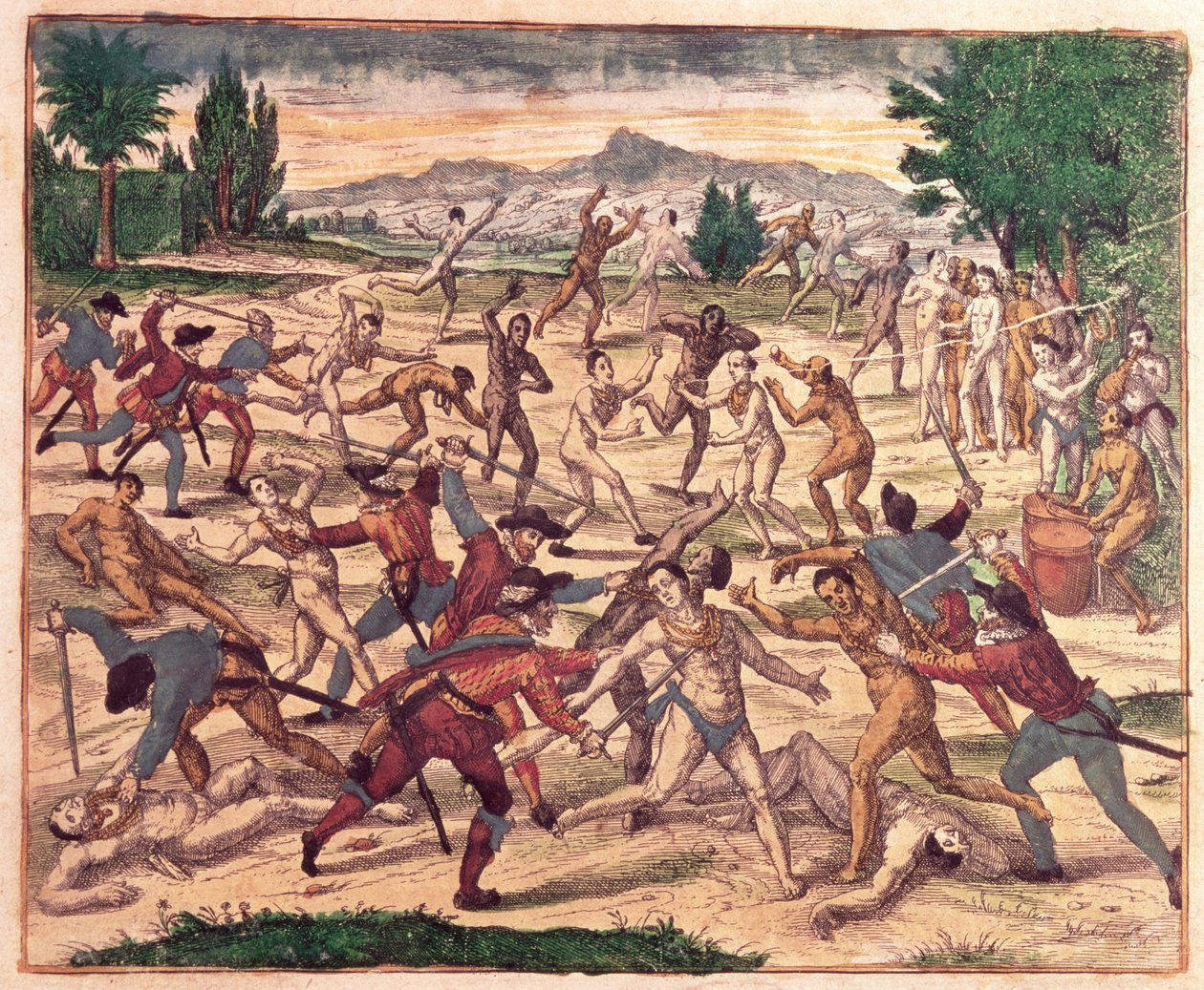 Pedro de Alvarado és katonái lemészárolják az aztékokat, 1520 körül alkotó: Theodore de Bry