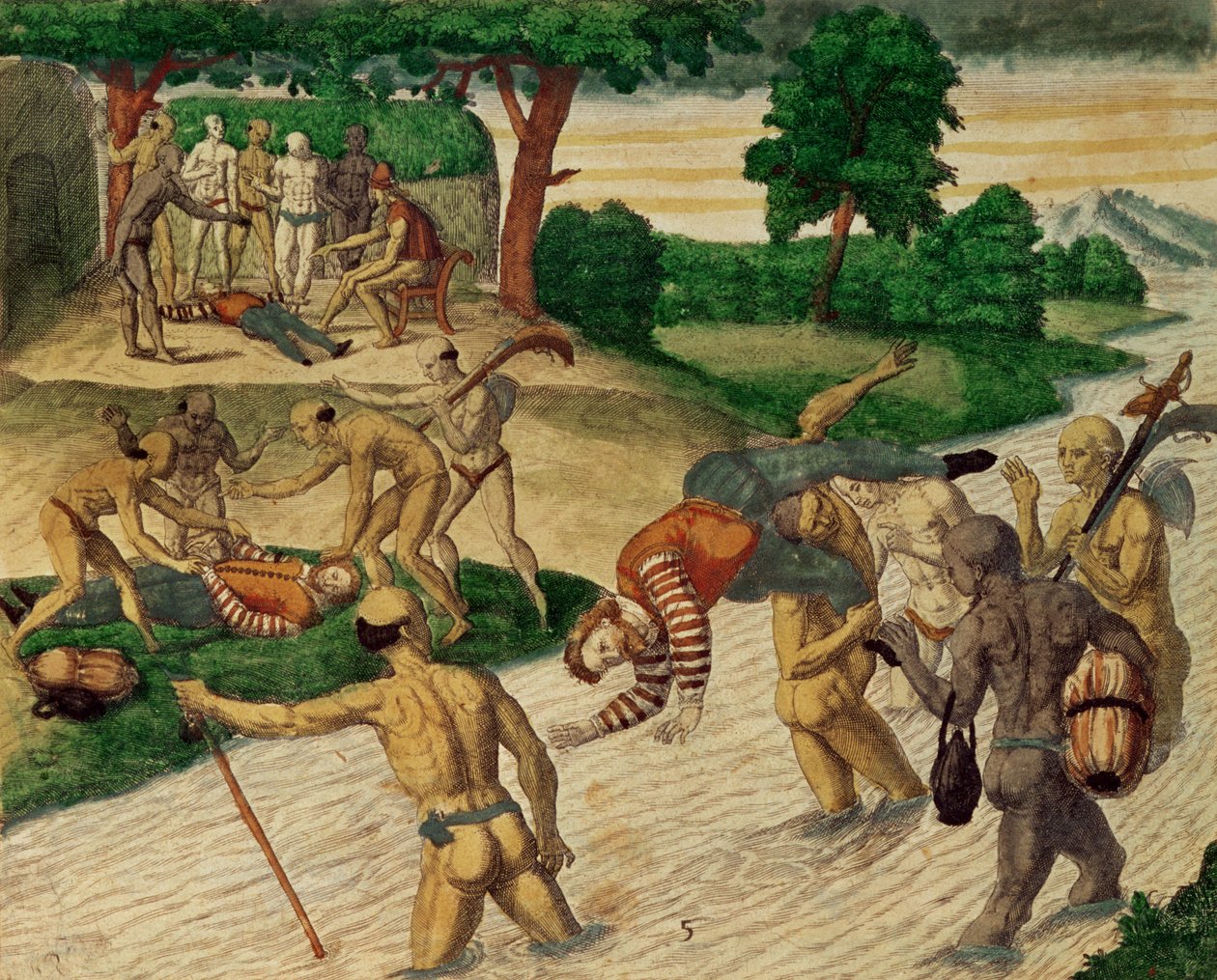 Dél-amerikai indiánok vízbe fojtják a spanyolokat, hogy lássák, halhatatlanok-e alkotó: Theodore de Bry