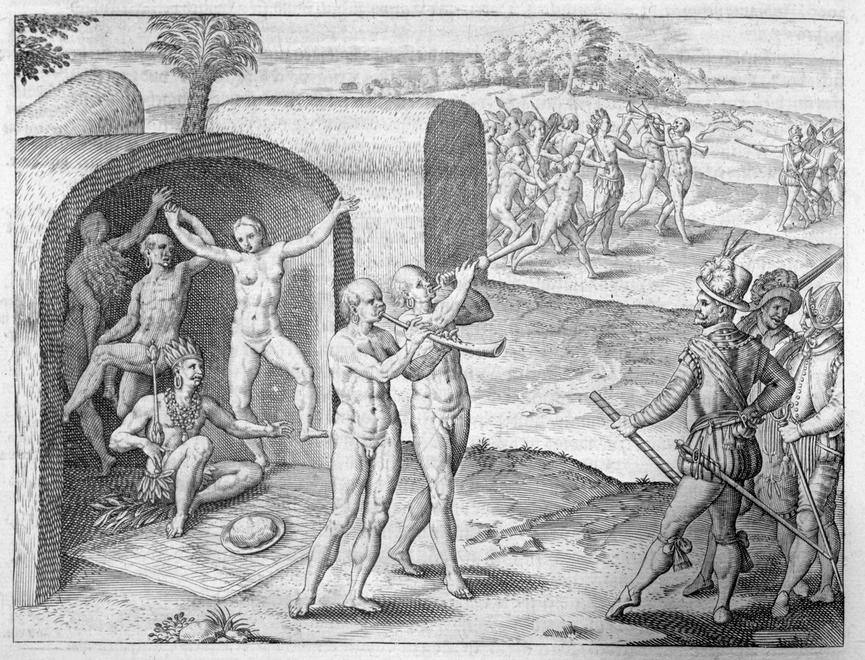 Egy indián király üdvözli a spanyolokat, Girolamo Benzoni beszámolójából Peru meghódításáról, Johann Ludwig Gottfried "Newe Welt und Americanische Historien" című művéből, kiadta Mattaeus Meri. alkotó: Theodore de Bry