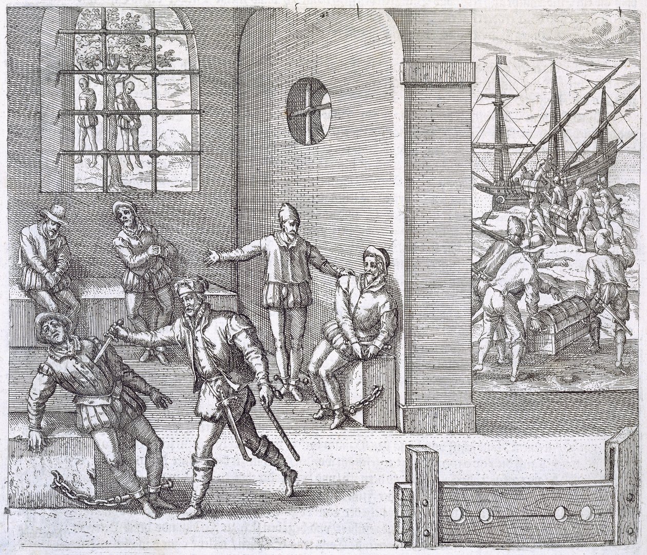 Spanyol árulók kivégzése Panamában, miközben az inkáktól ellopott aranyat Spanyolországba tartó hajókra rakodják, Johann Ludwig Gottfried "Americanische Historien" című művéből, kiadta Mattaeus Merian, Fra. alkotó: Theodore de Bry
