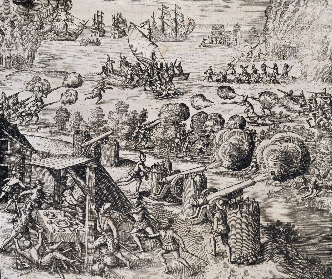 A holland flotta megtámadja a spanyol Gratiosa erődöt Gran Canaria szigetén, Johann Ludwig Gottfried „Newe Welt und Americanische Historien” című művéből, Mattaeus Merian, Frankfurt, 1631 (engravi alkotó: Theodore de Bry