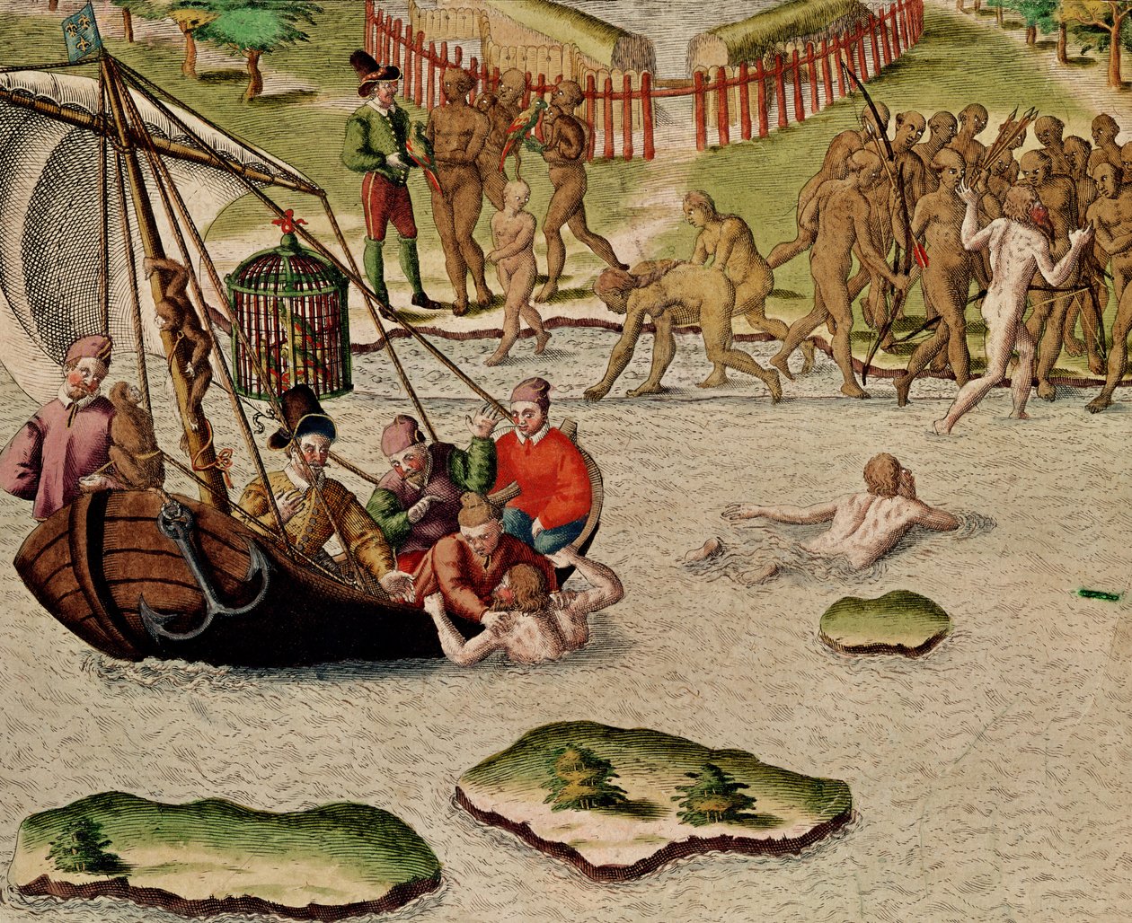A francia hajó leszáll, és sikertelen kísérlet történt a foglyok cseréjére, az „Americae Tertia Pars...”, 1592 alkotó: Theodore de Bry