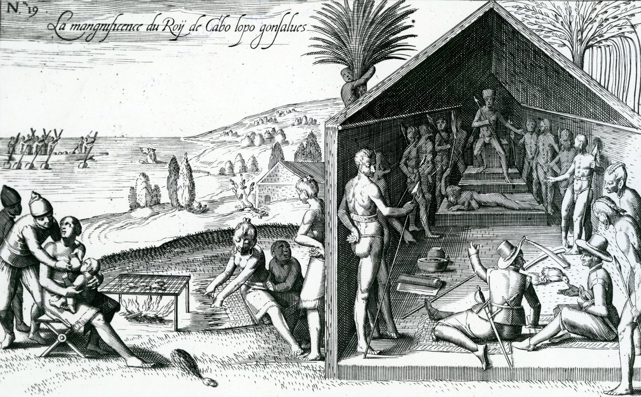 A király fogadja az európai látogatókat, Cape Lopez, Gabon, Afrika, 16. század alkotó: Theodore de Bry