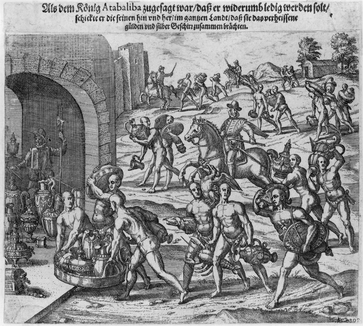 Atahualpa király (1502-33 körül) váltságdíja, amelyet Francisco Pizarrónak ajánlott fel, 1533. alkotó: Theodore de Bry
