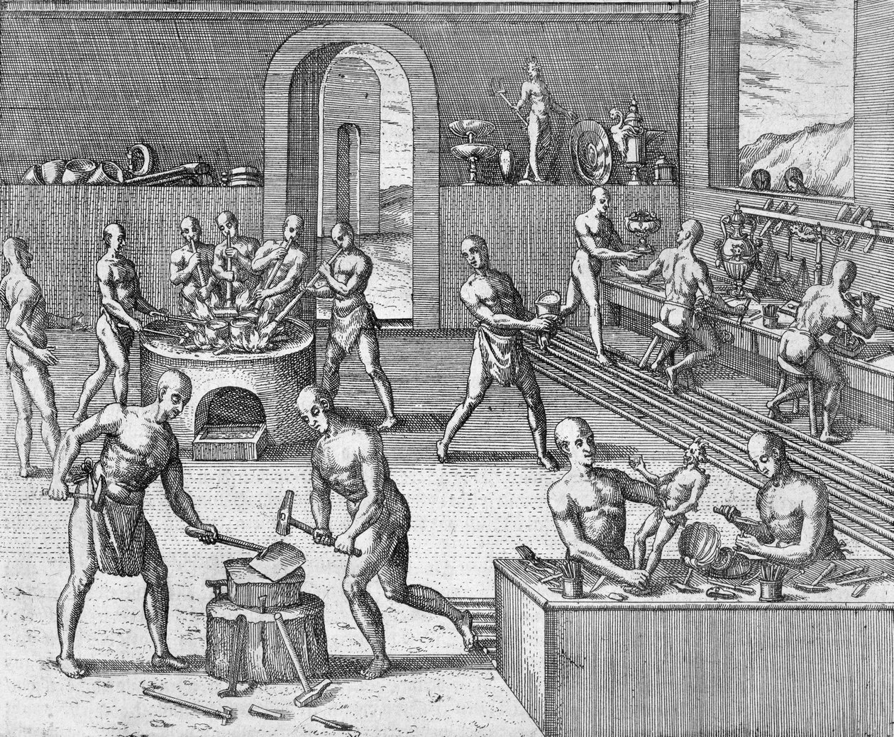 Atahualpa ötvöseinek műhelye Quitóban, Girolamo Benzoni beszámolójából, Johann Ludwig Gottfried „Newe Welt und Americanische Historien” című művéből, Mattaeus Merian, Frankfurt, alkotó: Theodore de Bry
