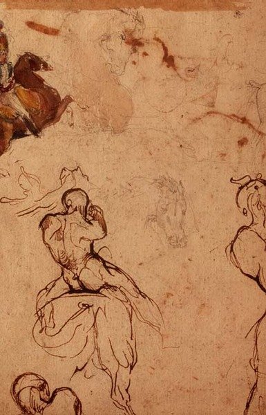 Lovak és lovasok tanulmányozása (ceruza, toll és barna tinta, valamint akvarell) alkotó: Theodore (attr. to) Gericault