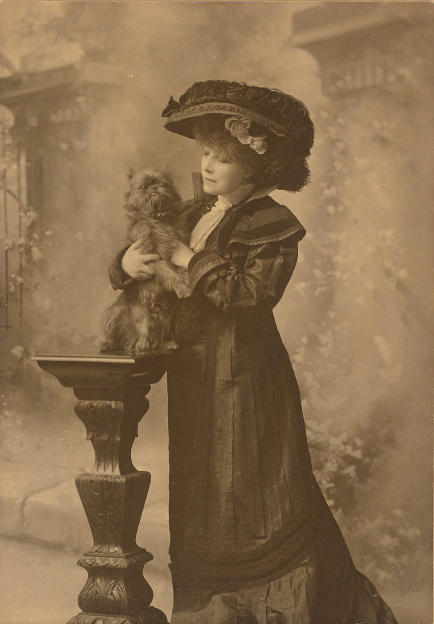 [Sarah Bernhardt egy műteremben áll, kezében egy kis fekete kutyával egy díszes, faragott fa talapzaton] alkotó: Theodore C. Marceau