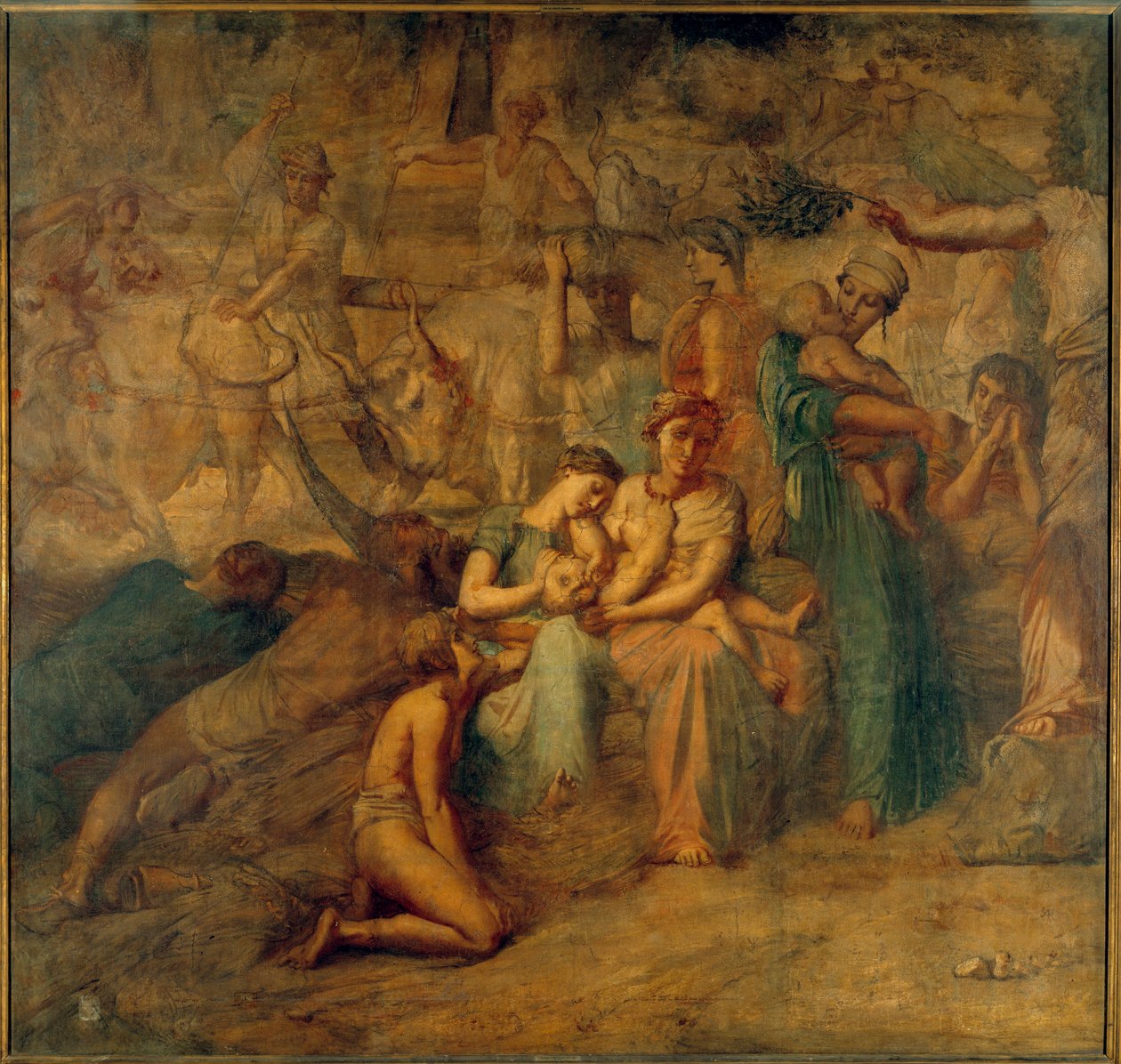 Béke Allegorikus ábrázolás anyával és gyermekével és csordákkal. Theodore Chasseria (1819-1856) festménye a Cour des comptes lépcsőházáról, 19. századi V. 3,4x3,6 m alkotó: Théodore Chassériau
