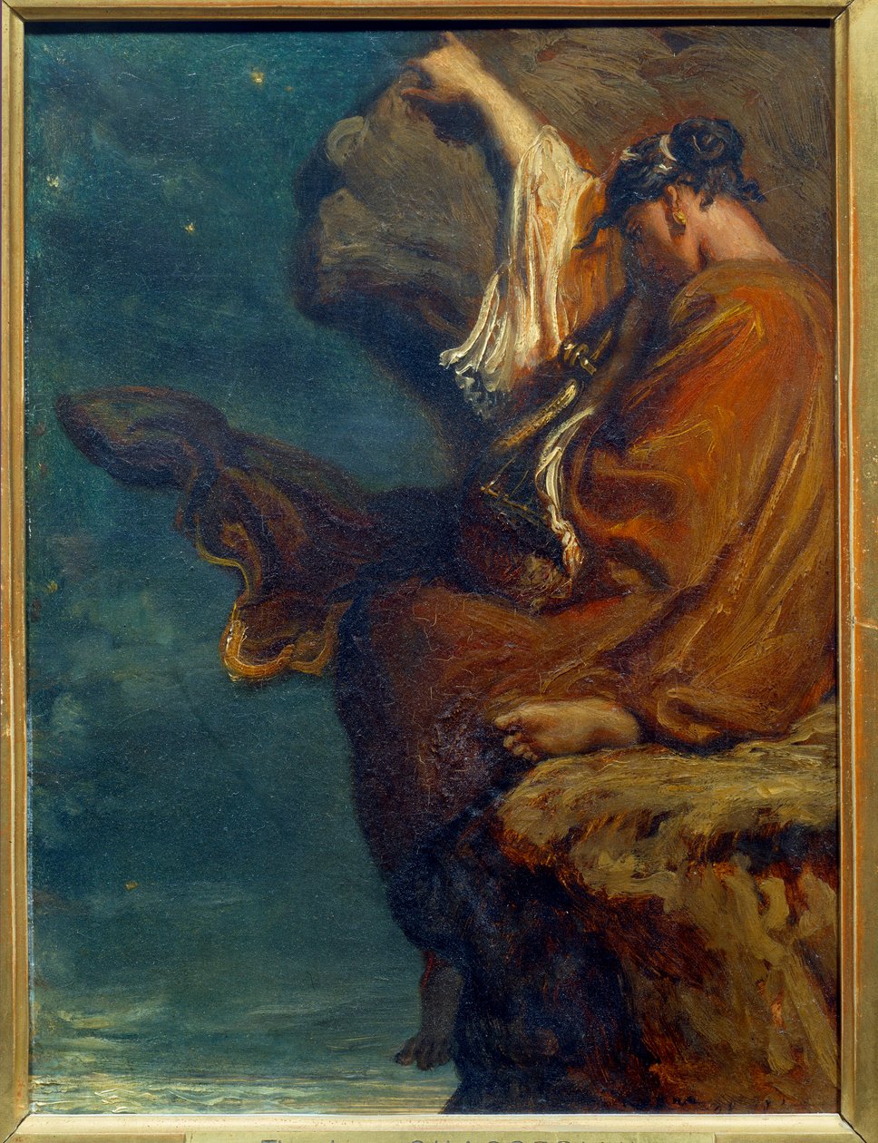 Sapho A görög költőnő, Sapho (Sappho) (Kr. e. 600 körül) egy sziklán ül és melankóliával néz a tengerre. Theodore Chasseria (1819-1856) festménye 1849 V. 0,27x0,21 m Párizs, Muse d