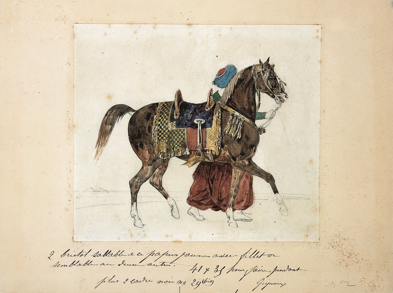 Felfogott ló egy mameluk vezetésével, két piramis a háttérben (ceruza és akvarell papíron) alkotó: Theodore Gericault