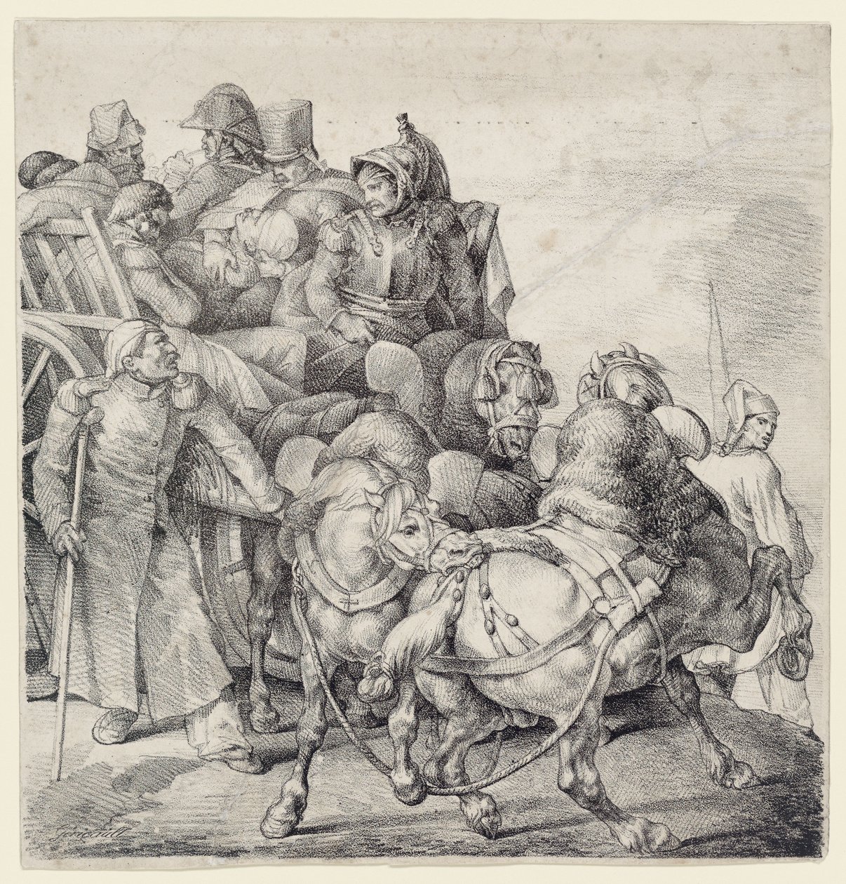 Sebesült katonákkal megrakott kocsi (A Wagon Full of Wounded Soldiers) alkotó: Theodore Gericault