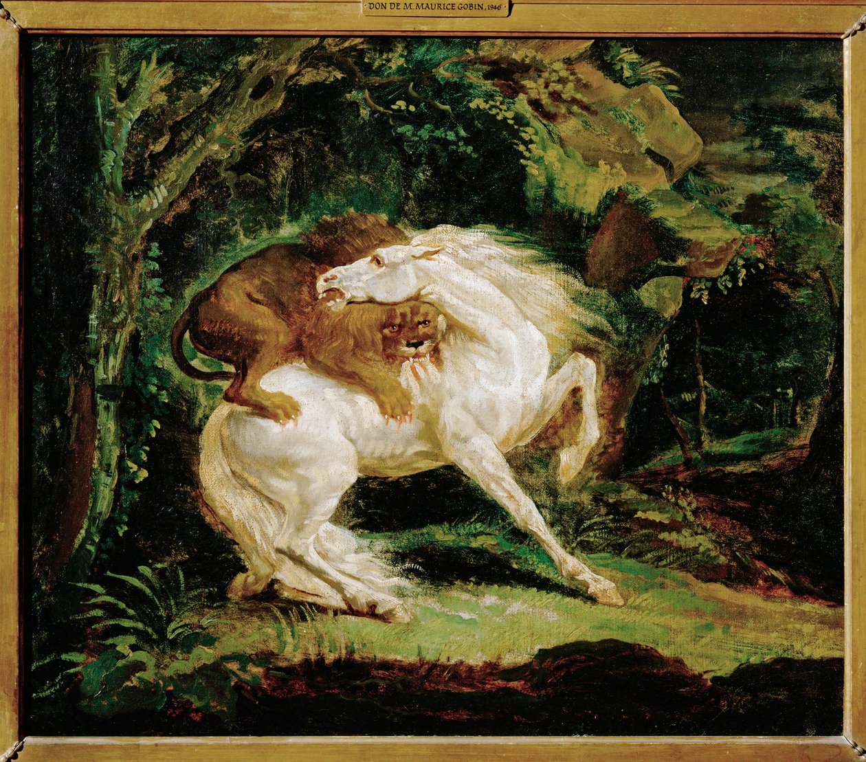 Cheval attaque par un lion - egy oroszlán által megtámadott ló, Laurie metszete és George Stubbs festménye után ... alkotó: Theodore Gericault