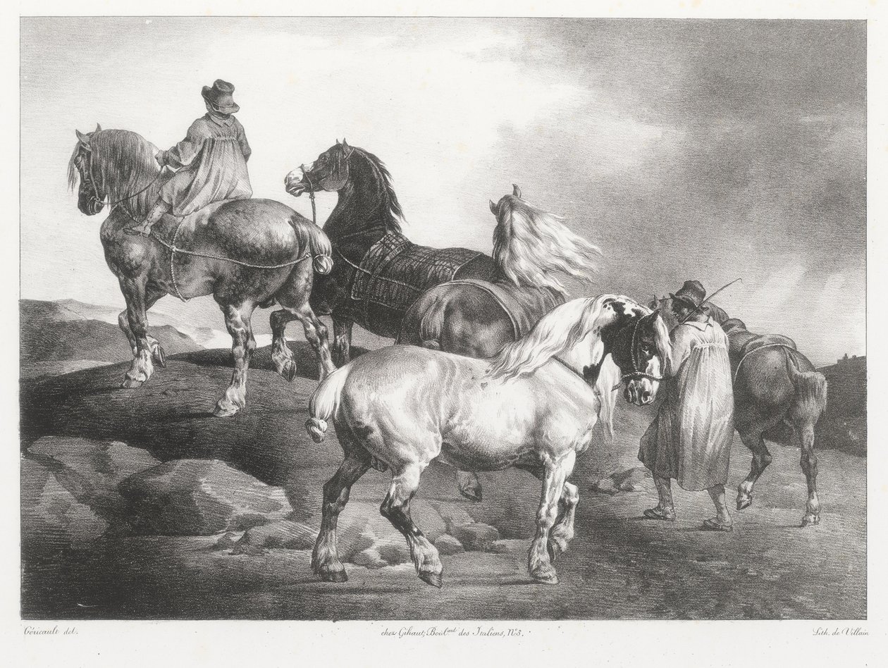 A vásárra vezetett lovak (Horses Being Led to the Fair) alkotó: Theodore Gericault