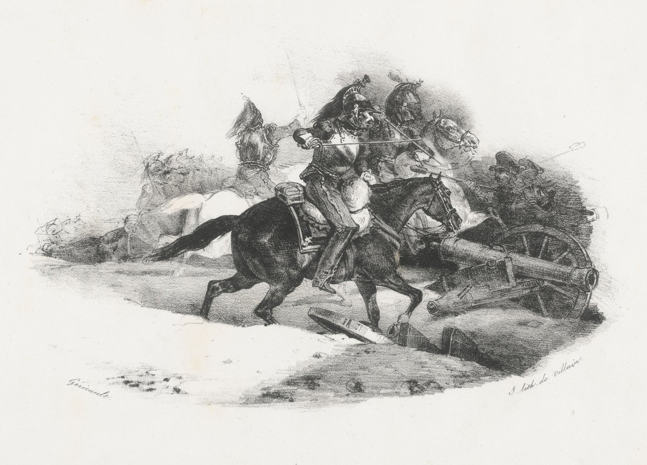 Páncélos lovasok támadnak egy tüzérségi üteg ellen (Cuirassiers Charging An Artillery Battery) alkotó: Theodore Gericault