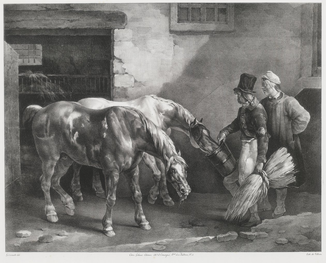 Két postai ló egy istálló ajtajánál (Two Post-Horses at a Stable Door) alkotó: Theodore Gericault