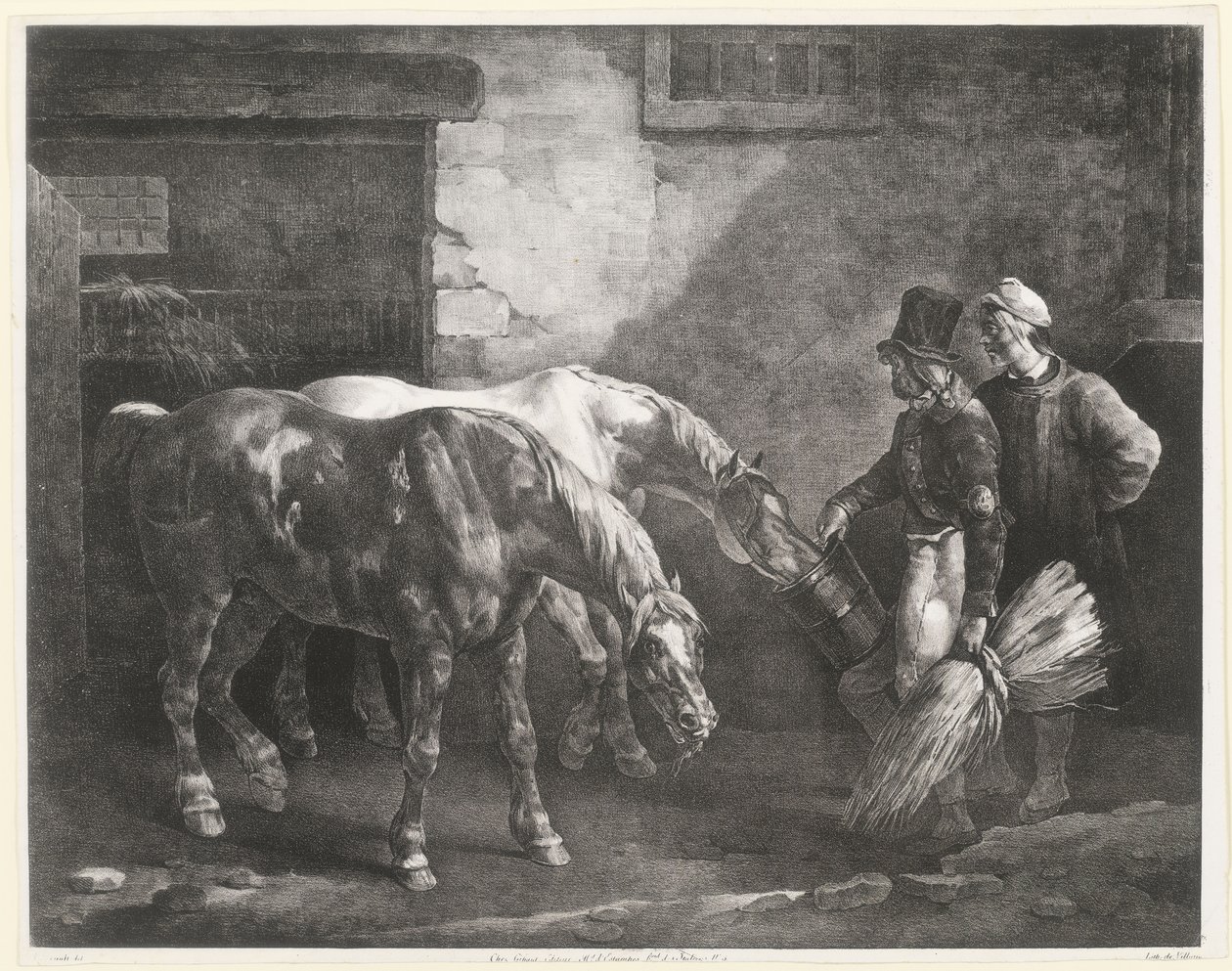 Két postai ló egy istálló ajtajánál (Two Post-Horses at a Stable Door) alkotó: Theodore Gericault