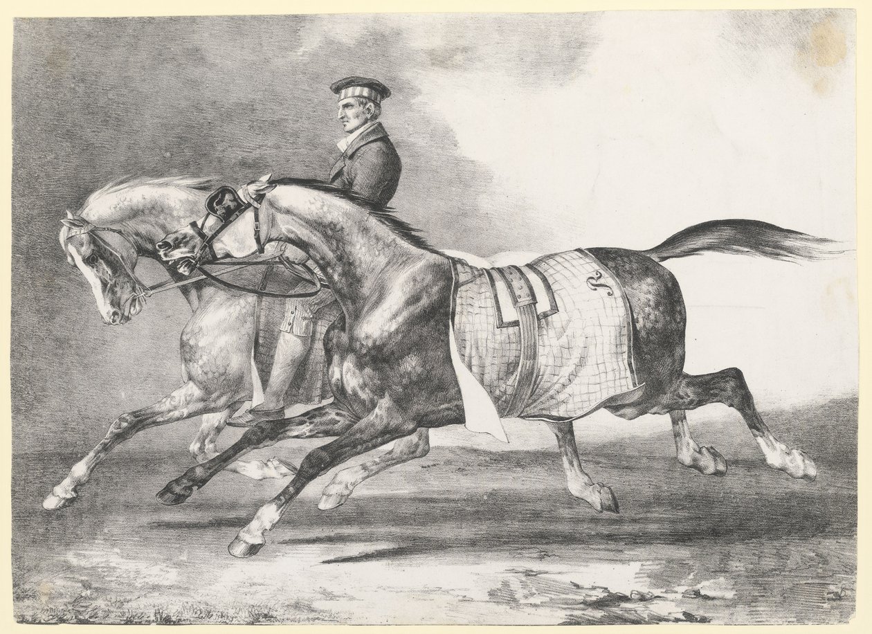 Két foltos szürke ló, amelyet sétáltatnak (Two Dapple-Grays Being Exercised) alkotó: Theodore Gericault