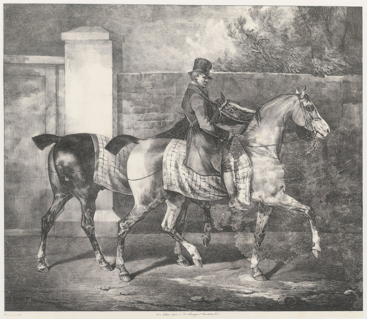 Két ló, amelyet egy zsoké sétáltat (A Groom Exercising Two Horses) alkotó: Theodore Gericault